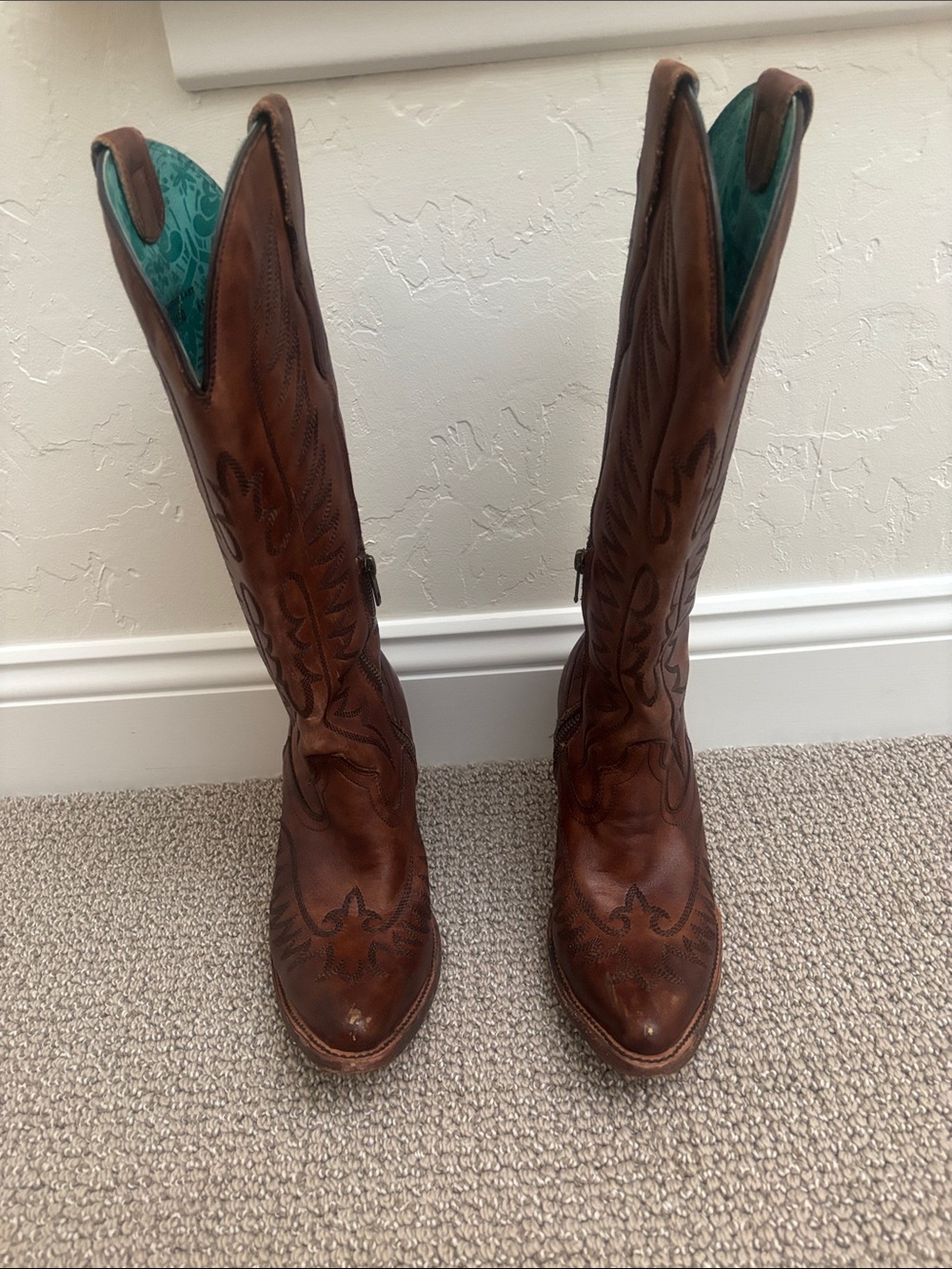 Corral Brown Leather Knee Western Boots with Teal Interior